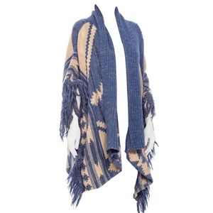 1990S Lauren by RALPH LAUREN Indigo Blue Wool Blend Hand Knit Poncho Wrap Fringe